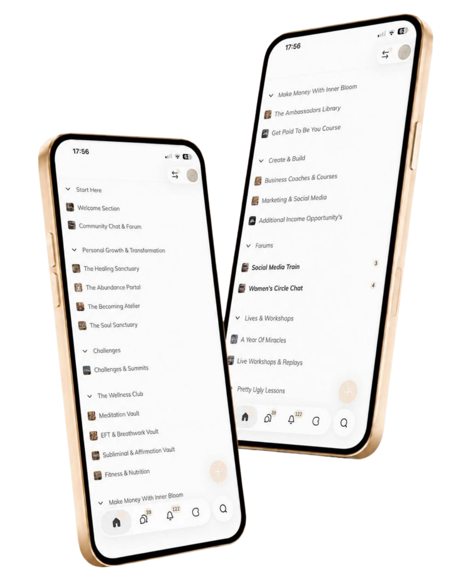 Two iPhones showing the Inner Bloom app menu and community sections